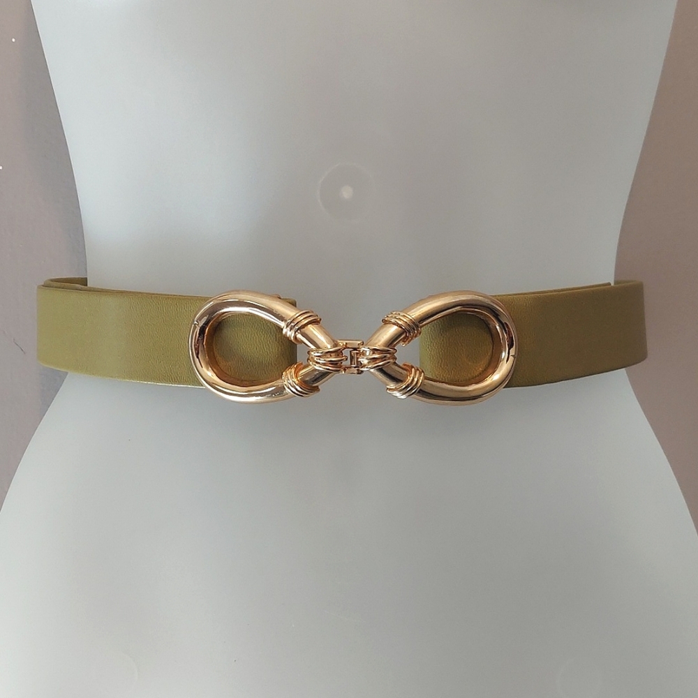 Vintage 1990s Green Adjustable Belt w/ Goldtone Statement Buckle Sz Small